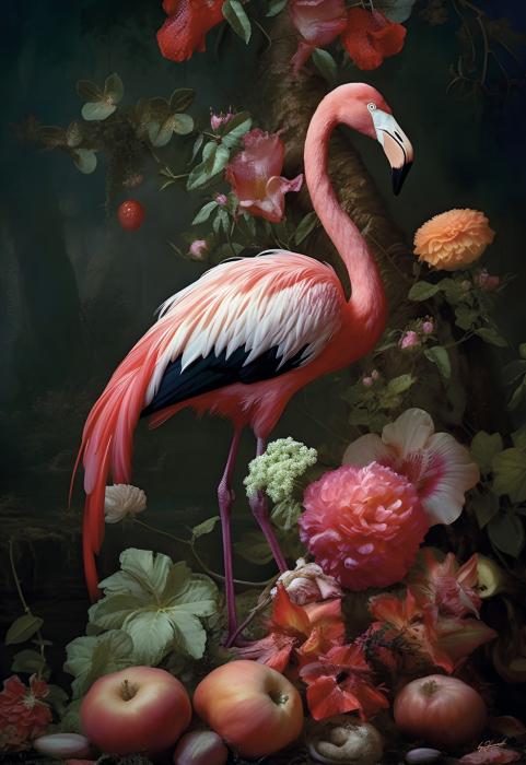 Glasschilderij 110x160cm Flamingo met bloemen