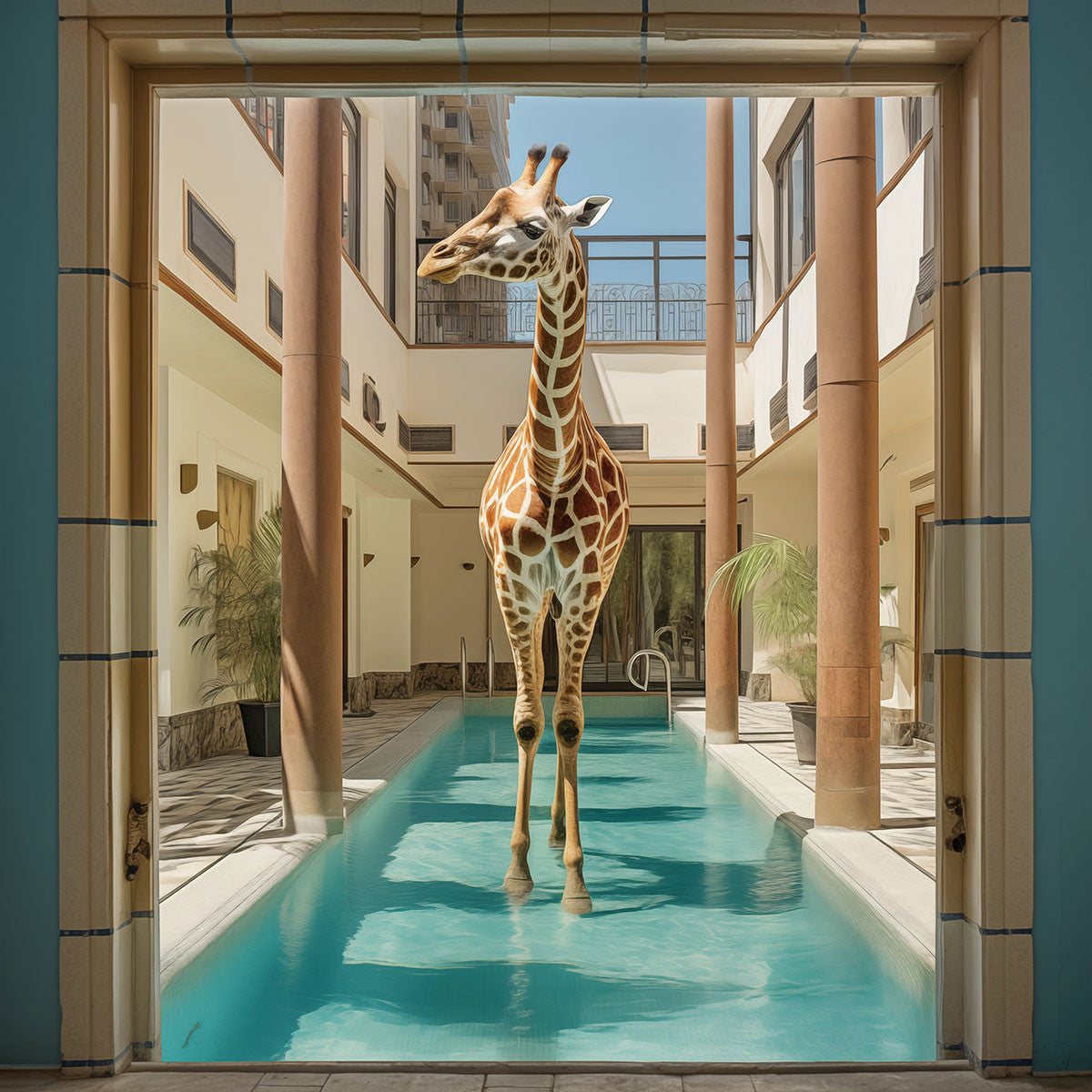 Glasschilderij 80x80cm Giraffe in het zwembad